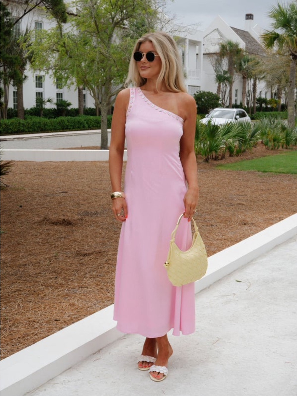 TCEC One-Shoulder Pink Midi Dress with Button-Trim Strap